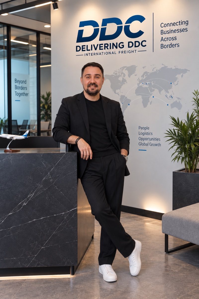 Rustam Dairov, Development Director at DDC, standing at the reception desk of the DDC office in Almaty — Direct Delivery & Cargo